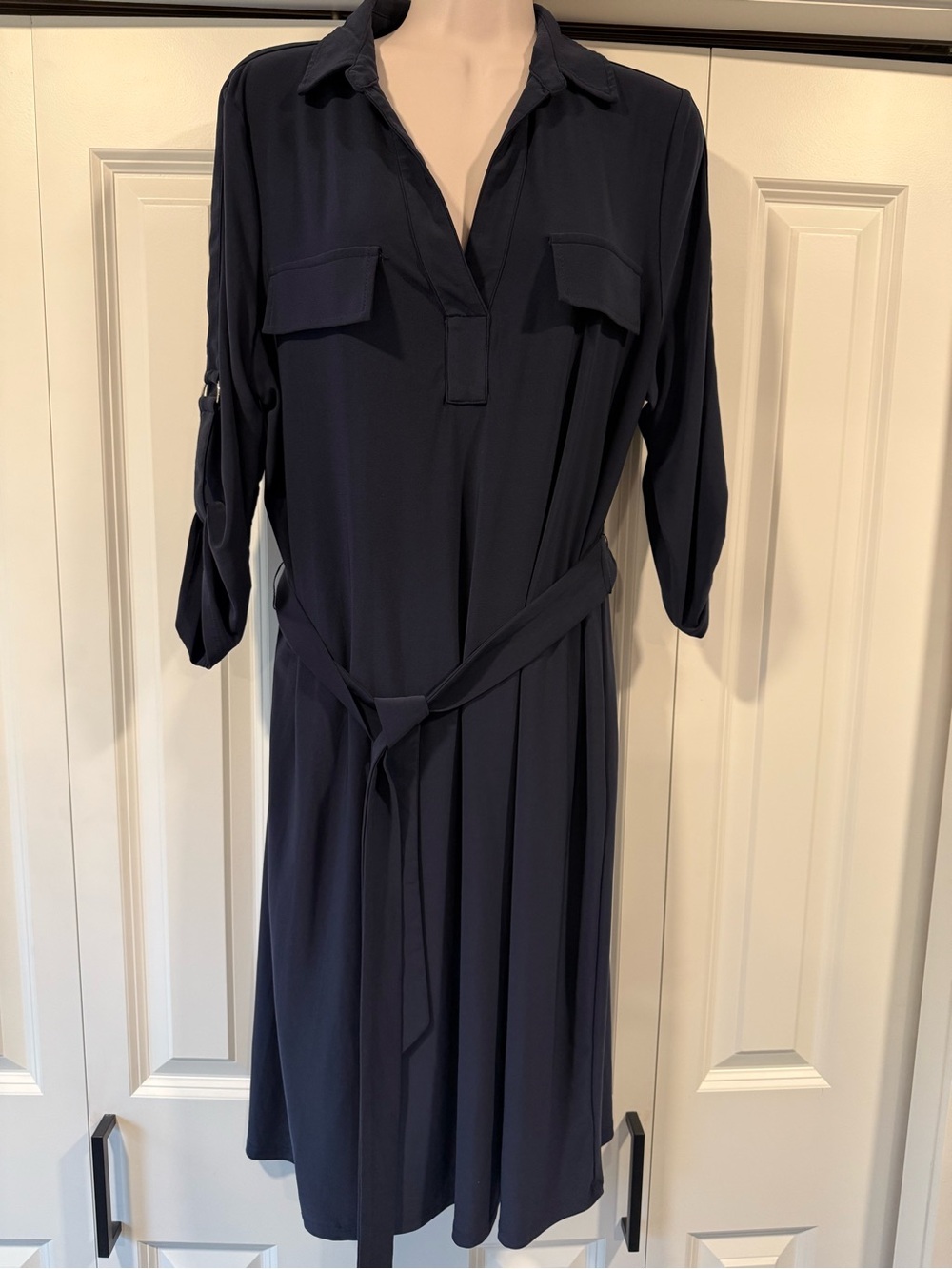 Alfani navy blue knee length belted dress large L